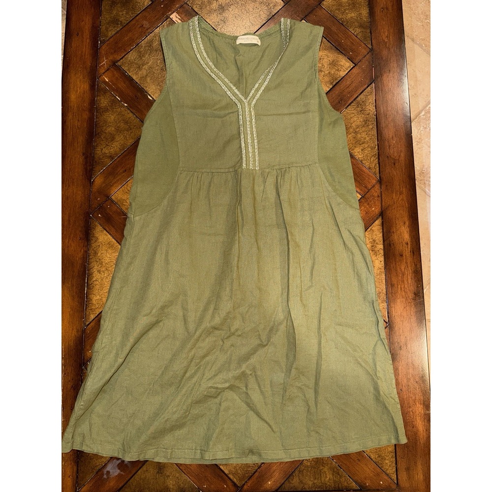 Terzo Millennio Italy Linen Blend Dress Green Sleeveless V-Neck Size M Boho